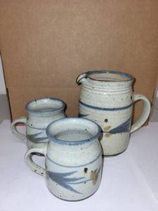 lot 68H image: Set of 3 Handcrafted Stoneware Pottery Mugs and Pitcher
