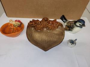lot 71H image: Decorative Ceramic Lot with Acorn Wall Pocket, Pumpkin Dish, and Porcelain Bird Figurines