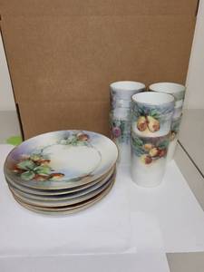 lot 74H image: Antique RS Germany Porcelain Plates and Tumblers Set with Hand-Painted Fruit Designs
