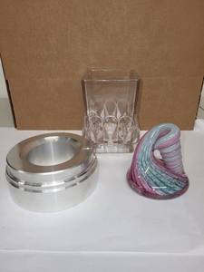 lot 75H image: Mixed Lot Metal Ring, Clear Acrylic Holder, and Swirl Art Glass Sculpture