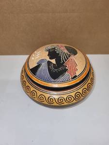 lot 77H image: Handmade Greek Pottery Trinket Box with Classical Woman Motif