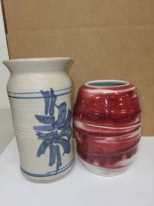 lot 78H image: Set of 2 Handcrafted Pottery Vases Blue Floral and Red Swirl