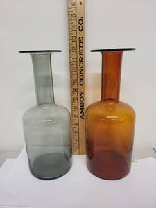 lot 82H image: Pair of Vintage Art Glass Bottles in Amber and Gray