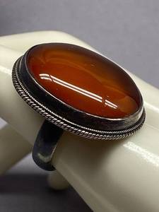lot 3B image: Vintage Sterling Silver 925 Ring with Large Amber Oval Stone Size 10