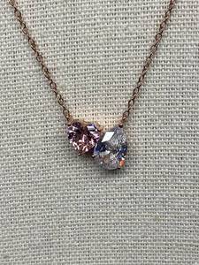 lot 33B image: Double Heart Pendant Necklace with Pink and Clear Stones - Sterling Silver 925