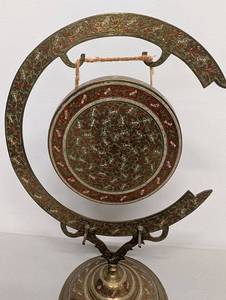 Ornate Brass Gong with Intricate Floral Pattern and Stand Decorative Piece 12" Height