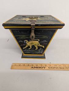 lot 2AM image: Vintage Hand-Painted Wooden Box with Monkey Design and Hinged Lid 13 Tall 10 Wide