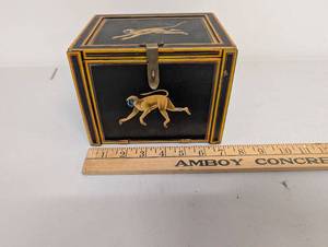 lot 3AM image: Decorative Wooden Box with Painted Monkeys and Wooden Drawers