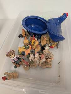 lot 11AM image: Lot of Rooster Animal Figurines and Blue Speckled Chicken Dish Decor Collection