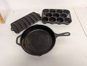 lot 13AM image: Vintage Lodge Cast Iron  Skillet, Cornbread Pan, Muffin Pan - Classic Kitchenware