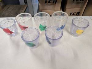 lot 16AM image: Set of 7 Clear Plastic Cups with Vibrant Colored Fly Fishing Designs