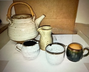 lot 72H image: Handmade Studio Pottery Tea Set with Teapot, Creamer, and Cups