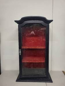 Black Glass Display Cabinet with Red Interior Shelves, 43 Inch Tall