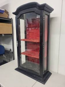 Black Glass Display Cabinet with Red Interior Shelves, 43 Inch Tall