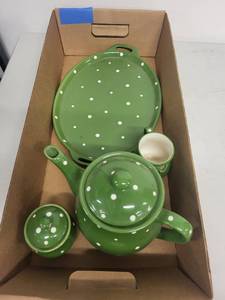 lot 25J image: Temp-tations Polka Dot Green Stoneware Teapot Set with Tray