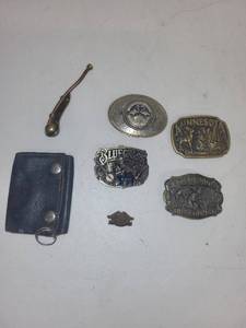 lot 30J image: Collection of 4 Vintage Belt Buckles, Leather Key Holder, and Pipe Shaped Keychain