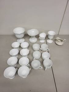 lot 34J image: Collection of White Milk Glass Cups and Serving Pieces with Embossed Designs
