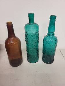 lot 40J image: Set of 3 Vintage Glass Bottles - Amber and Teal Decorative Collectibles