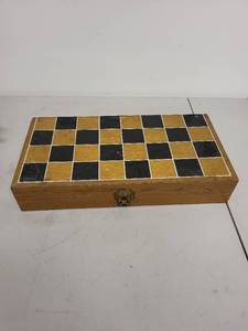 lot 45J image: Carved Wooden Chess Set with Hinged Storage Box
