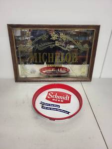 lot 48J image: Michelob Bar Mirror and Schmidt Beer Tray Collectible Set