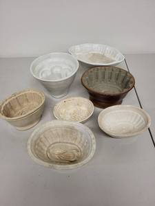 lot 16H image: Collection of 7 Vintage Ceramic Jelly Molds with Embossed Designs