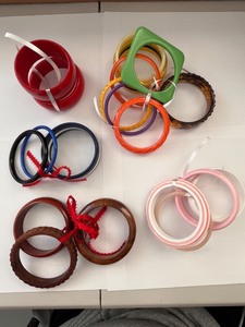 lot 158W image: Collection of Colorful Plastic and Wood Bangle Bracelets