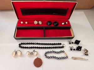 lot 167W image: Vintage Jewelry Collection with Gold Stone Watch Fob, Beaded Necklaces, Assorted Earrings, and Case