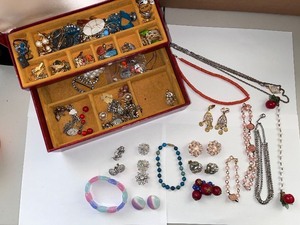 lot 180W image: Costume Jewelry Lot with Dragons Breath Clip Earrings, Brooches, Rings, and Necklaces