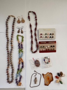 lot 188W image: Jasper and Quartz Jewelry Lot with Necklaces, Earrings, Brooch, and More