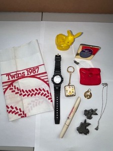 lot 215W image: Mixed Collectibles Lot with Twins 1987 Handkerchief, Disney Pen, Jewelry, Watch, and More