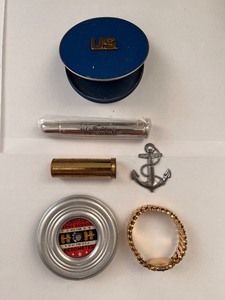 lot 217W image: Vintage Collectibles Lot with Lone Ranger Pedometer, Brass Brush, Anchor Items, and US Compact