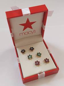 lot 13W image: Macys 18K Gold Floral Stud Earrings Set Ruby Sapphire Emerald