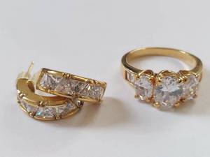 lot 15W image: 18KT Gold Over Sterling Silver CZ Ring & Earrings Set