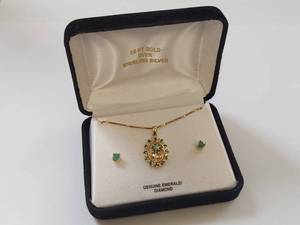 lot 17W image: 18 KT Gold Over Sterling Silver Genuine Emerald Diamond Necklace & Earrings Set
