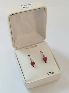 lot 22W image: 10K Gold Heart Ruby Earrings with Cubic Zirconia