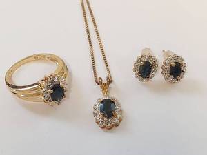 lot 30W image: Genuine Sapphire Diamond Jewelry Set Necklace, Earrings & Ring