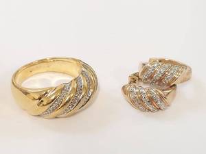 lot 34W image: 18KT Gold Over Sterling Silver Ring & Earrings Set with Diamond Accents