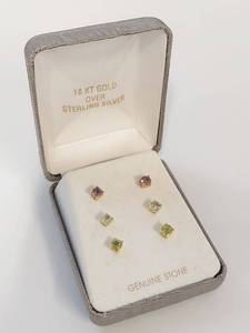 lot 43W image: Set of 6 Genuine Stone Stud Earrings 18 KT Gold Over Sterling Silver