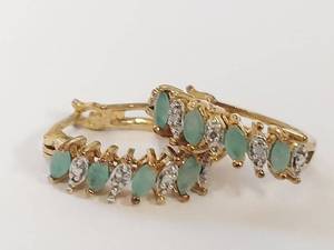 lot 46W image: 18KT Gold Over Sterling Silver Genuine Emerald Diamond Earrings