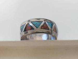 lot 57W image: Silver Band Ring with Turquoise and Red Stone Inlay
