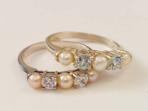 lot 200W image: Pair of Sterling Silver Rings with Pearls and Gemstones