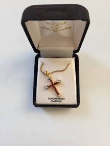 lot 71W image: 18kt Gold Over Sterling Silver Cross Necklace with Genuine Ruby and Diamond