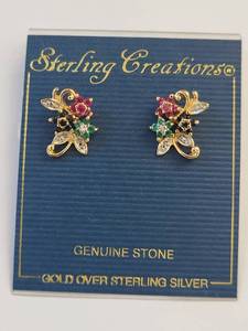 lot 78W image: Sterling Creations Gold Over Silver Flower Earrings with Genuine Stones