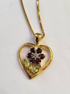 lot 83W image: Gold-Tone Heart Necklace with Gemstone Flower Pendant