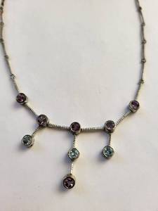 lot 87W image: Sterling Silver Amethyst and Blue Topaz Necklace, 16 Inches