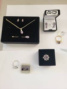 lot 94W image: Gold and Silver Plated Amethyst Jewelry Collection - Necklaces, Earrings, Rings