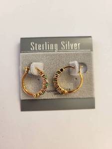 lot 121W image: Sterling Silver Gold Plated Emerald and Diamond Hoop Earrings