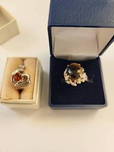lot 133W image: Pair of Sterling Silver Rings with Citrine and Tigers Eye Quartz
