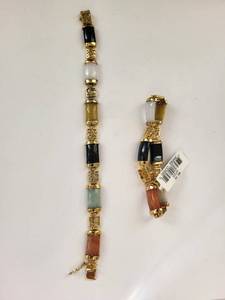lot 148W image: Sterling Silver Gold Plated Multi-Colored Jade Bracelets, 7.5 Inches Long