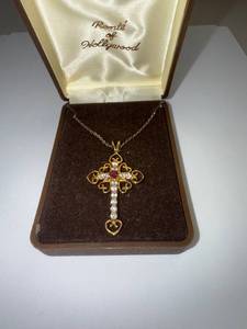lot 20W image: Route of Hollywood Gold-Tone Cross Necklace with Red and Clear Stones